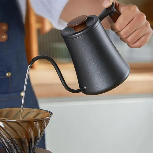 BLACK GOOSE NECK JUG WITH WOODEN HANDLE