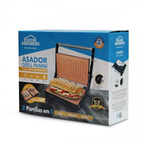 Asador grill panini doble antiadherente Home Elements 2 parrillas en 1